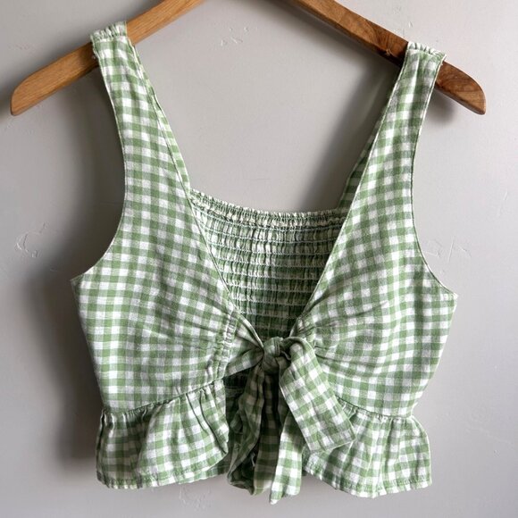 American Eagle 2 Piece Crop Top Flowy Pants Large Green Lined Gingham Hippie - Picture 4 of 16